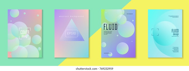 Holographic fluid set with circles. Geometric shapes on gradient background. Modern hipster template for placard, presentation, banner, flyer, brochure. Minimal holographic fluid in neon colors.