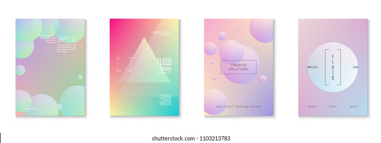 Holographic fluid set with radial circles. Geometric shapes on gradient background. Modern hipster template for poster, cover, banner, flyer, report, brochure. Minimal holographic fluid in neon colors