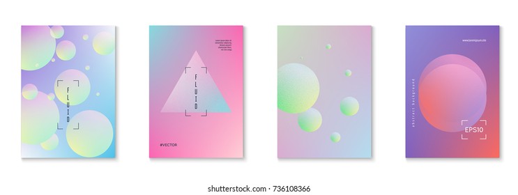 Holographic fluid set with radial circles. Geometric shapes on gradient background. Modern hipster template for poster, cover, banner, flyer, report, brochure. Minimal holographic fluid in neon colors