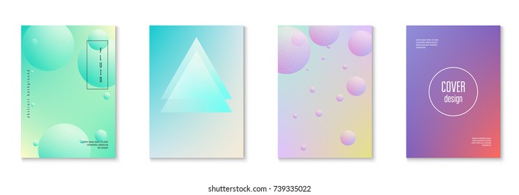 Holographic fluid set with radial circles. Geometric shapes on gradient background. Modern hipster template for poster, cover, banner, flyer, report, brochure. Minimal holographic fluid in neon colors
