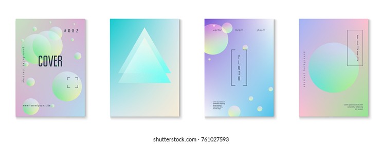 Holographic fluid set with radial circles. Geometric shapes on gradient background. Modern hipster template for poster, cover, banner, flyer, report, brochure. Minimal holographic fluid in neon colors