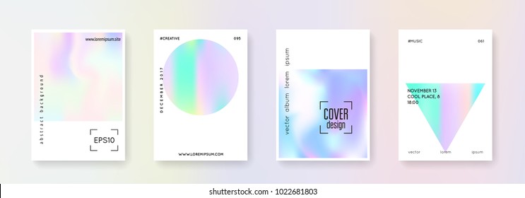 Holographic flyer set. Abstract backgrounds. Bright holographic flyer with gradient mesh. 90s, 80s retro style. Pearlescent graphic template for book, annual, mobile interface, web app.