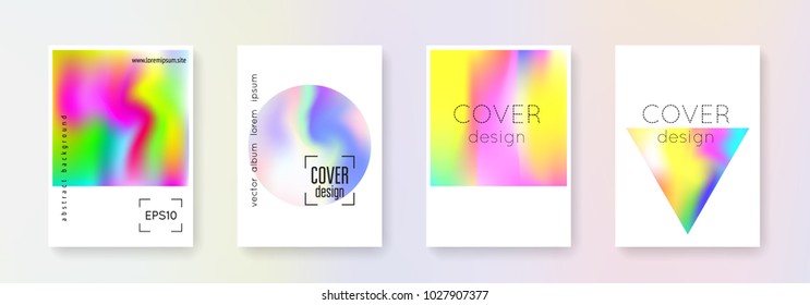 Holographic flyer set. Abstract backgrounds. Futuristic  holographic flyer with gradient mesh. 90s, 80s retro style. Iridescent graphic template for brochure, banner, wallpaper, mobile screen.