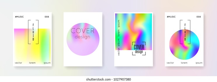 Holographic flyer set. Abstract backgrounds. Futuristic  holographic flyer with gradient mesh. 90s, 80s retro style. Iridescent graphic template for brochure, banner, wallpaper, mobile screen.