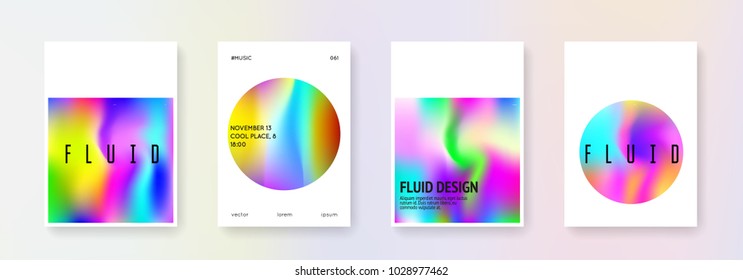Holographic flyer set. Abstract backgrounds. Futuristic  holographic flyer with gradient mesh. 90s, 80s retro style. Iridescent graphic template for brochure, banner, wallpaper, mobile screen.
