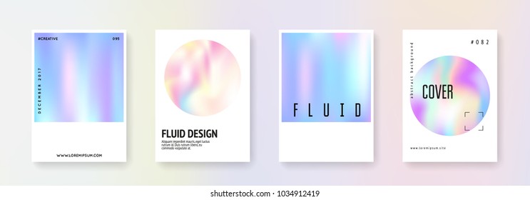Holographic flyer set. Abstract backgrounds. Futuristic  holographic flyer with gradient mesh. 90s, 80s retro style. Iridescent graphic template for brochure, banner, wallpaper, mobile screen.