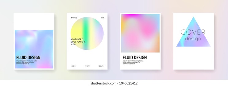 Holographic flyer set. Abstract backgrounds. Plastic holographic flyer with gradient mesh. 90s, 80s retro style. Pearlescent graphic template for book, annual, mobile interface, web app.