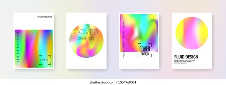 Holographic flyer set. Abstract backgrounds. Vintage holographic flyer with gradient mesh. 90s, 80s retro style. Pearlescent graphic template for brochure, banner, wallpaper, mobile screen