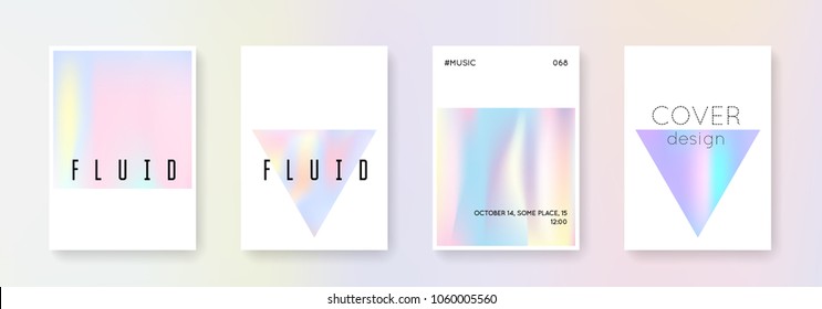 Holographic flyer set. Abstract backgrounds. Plastic holographic flyer with gradient mesh. 90s, 80s retro style. Pearlescent graphic template for placard, presentation, banner, brochure.