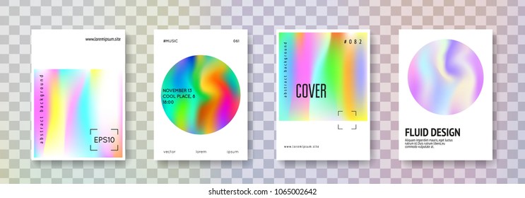 Holographic flyer set. Abstract backgrounds. Bright holographic flyer with gradient mesh. 90s, 80s retro style. Pearlescent graphic template for placard, presentation, banner, brochure.