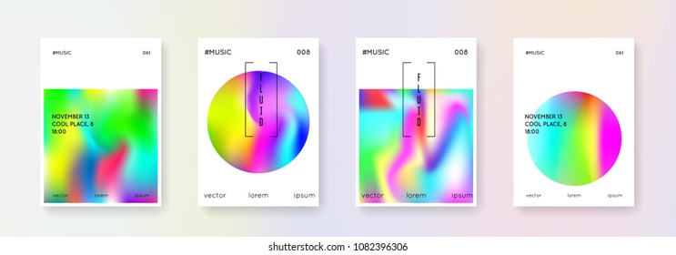 Holographic flyer set. Abstract backgrounds. Multicolor holographic flyer with gradient mesh. 90s, 80s retro style. Iridescent graphic template for brochure, banner, wallpaper, mobile screen