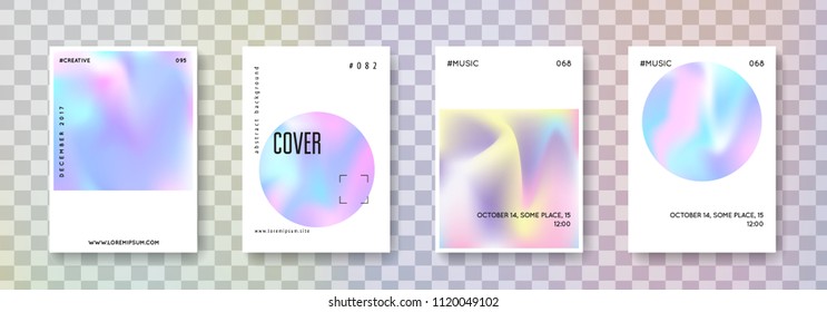 Holographic flyer set. Abstract backgrounds. Colorful holographic flyer with gradient mesh. 90s, 80s retro style. Pearlescent graphic template for book, annual, mobile interface, web app.