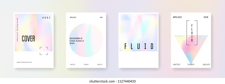 Holographic flyer set. Abstract backgrounds. Stylish holographic flyer with gradient mesh. 90s, 80s retro style. Pearlescent graphic template for placard, presentation, banner, brochure.