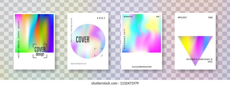 Holographic flyer set. Abstract backgrounds. Hipster holographic flyer with gradient mesh. 90s, 80s retro style. Pearlescent graphic template for placard, presentation, banner, brochure.