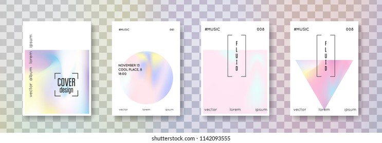 Holographic flyer set. Abstract backgrounds. Memphis holographic flyer with gradient mesh. 90s, 80s retro style. Iridescent graphic template for placard, presentation, banner, brochure.
