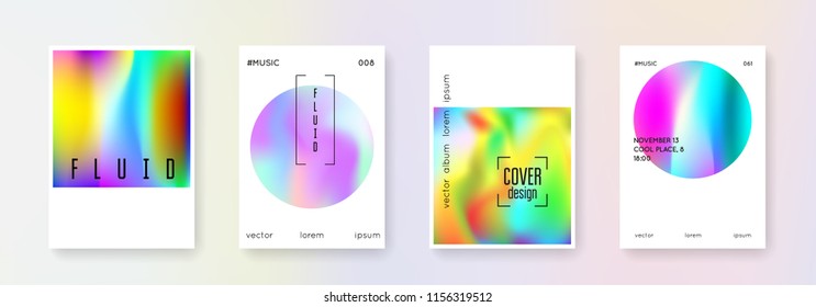Holographic flyer set. Abstract backgrounds. Rainbow holographic flyer with gradient mesh. 90s, 80s retro style. Iridescent graphic template for book, annual, mobile interface, web app.