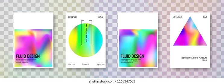Holographic flyer set. Abstract backgrounds. Hipster holographic flyer with gradient mesh. 90s, 80s retro style. Iridescent graphic template for placard, presentation, banner, brochure.