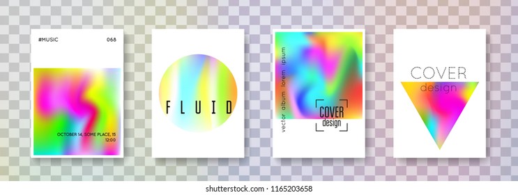 Holographic flyer set. Abstract backgrounds. Liquid holographic flyer with gradient mesh. 90s, 80s retro style. Iridescent graphic template for brochure, banner, wallpaper, mobile screen