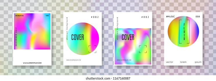 Holographic flyer set. Abstract backgrounds. Futuristic holographic flyer with gradient mesh. 90s, 80s retro style. Pearlescent graphic template for book, annual, mobile interface, web app.