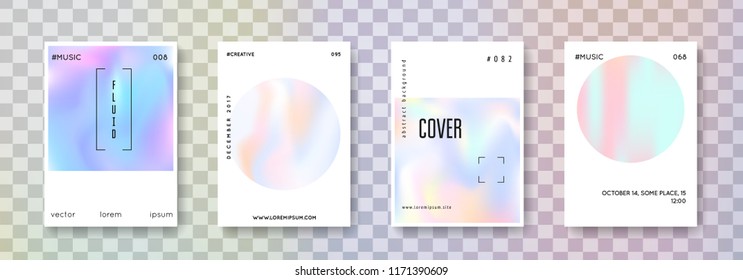 Holographic flyer set. Abstract backgrounds. Vibrant holographic flyer with gradient mesh. 90s, 80s retro style. Iridescent graphic template for placard, presentation, banner, brochure.