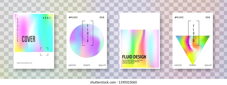 Holographic flyer set. Abstract backgrounds. Hipster holographic flyer with gradient mesh. 90s, 80s retro style. Iridescent graphic template for book, annual, mobile interface, web app.