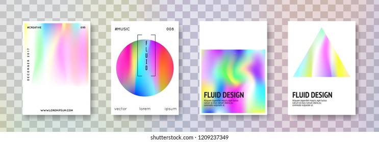 Holographic flyer set. Abstract backgrounds. Vibrant holographic flyer with gradient mesh. 90s, 80s retro style. Pearlescent graphic template for book, annual, mobile interface, web app.