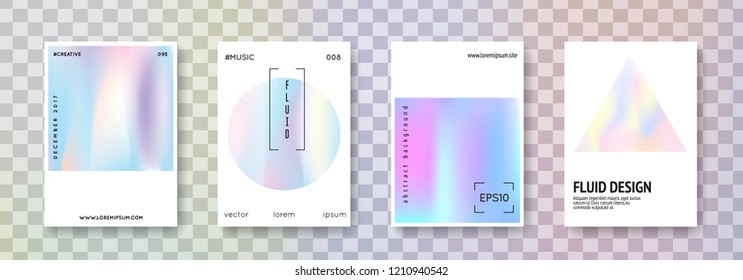 Holographic flyer set. Abstract backgrounds. Spectrum holographic flyer with gradient mesh. 90s, 80s retro style. Iridescent graphic template for brochure, banner, wallpaper, mobile screen