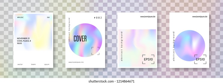 Holographic flyer set. Abstract backgrounds. Memphis holographic flyer with gradient mesh. 90s, 80s retro style. Pearlescent graphic template for brochure, banner, wallpaper, mobile screen