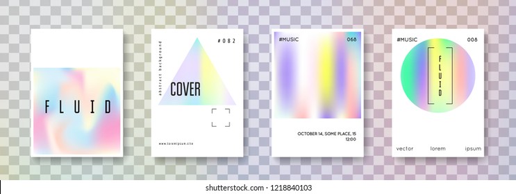 Holographic flyer set. Abstract backgrounds. Multicolor holographic flyer with gradient mesh. 90s, 80s retro style. Pearlescent graphic template for placard, presentation, banner, brochure.