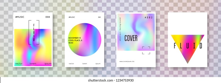 Holographic flyer set. Abstract backgrounds. Multicolor holographic flyer with gradient mesh. 90s, 80s retro style. Iridescent graphic template for brochure, banner, wallpaper, mobile screen