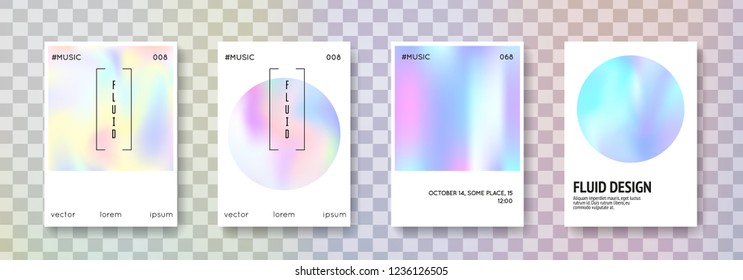 Holographic flyer set. Abstract backgrounds. Stylish holographic flyer with gradient mesh. 90s, 80s retro style. Iridescent graphic template for brochure, banner, wallpaper, mobile screen