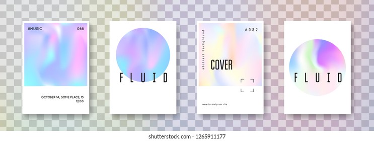 Holographic flyer set. Abstract backgrounds. Spectrum holographic flyer with gradient mesh. 90s, 80s retro style. Pearlescent graphic template for placard, presentation, banner, brochure.