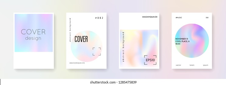 Holographic flyer set. Abstract backgrounds. Multicolor holographic flyer with gradient mesh. 90s, 80s retro style. Iridescent graphic template for brochure, banner, wallpaper, mobile screen