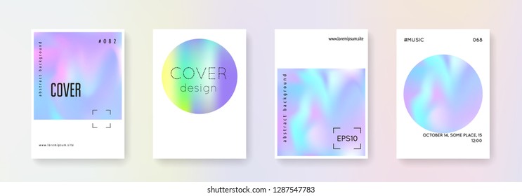 Holographic flyer set. Abstract backgrounds. Colorful holographic flyer with gradient mesh. 90s, 80s retro style. Iridescent graphic template for brochure, banner, wallpaper, mobile screen