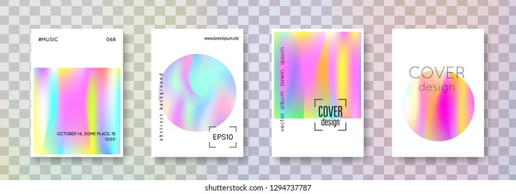 Holographic flyer set. Abstract backgrounds. Trendy holographic flyer with gradient mesh. 90s, 80s retro style. Iridescent graphic template for brochure, banner, wallpaper, mobile screen
