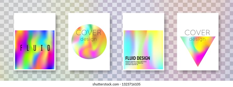 Holographic flyer set. Abstract backgrounds. Rainbow holographic flyer with gradient mesh. 90s, 80s retro style. Pearlescent graphic template for book, annual, mobile interface, web app.