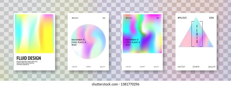 Holographic flyer set. Abstract backgrounds. Futuristic holographic flyer with gradient mesh. 90s, 80s retro style. Iridescent graphic template for placard, presentation, banner, brochure.