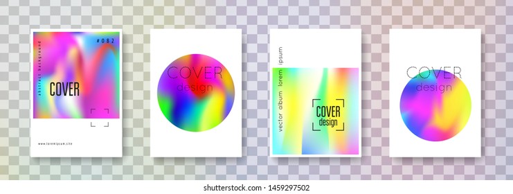 Holographic flyer set. Abstract backgrounds. Neon holographic flyer with gradient mesh. 90s, 80s retro style. Iridescent graphic template for book, annual, mobile interface, web app.