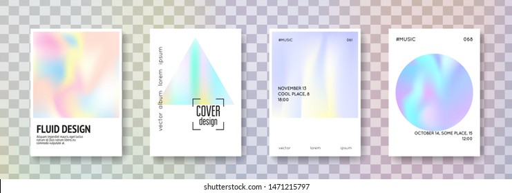 Holographic flyer set. Abstract backgrounds. Colorful holographic flyer with gradient mesh. 90s, 80s retro style. Pearlescent graphic template for book, annual, mobile interface, web app.