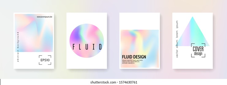 Holographic flyer set. Abstract backgrounds. Vibrant holographic flyer with gradient mesh. 90s, 80s retro style. Iridescent graphic template for book, annual, mobile interface, web app.