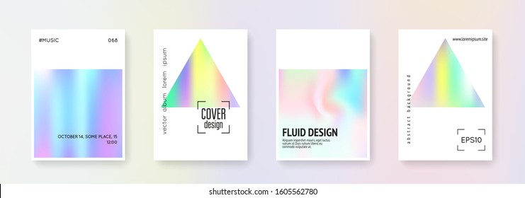 Holographic flyer set. Abstract backgrounds. Stylish holographic flyer with gradient mesh. 90s, 80s retro style. Pearlescent graphic template for book, annual, mobile interface, web app.