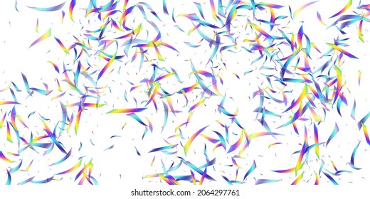 Holographic flying confetti glitters isolated on transparent background. Rainbow iridescent overlay texture confetti. Vector festive foil hologram tinsels on white.