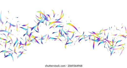Holographic flying confetti glitters isolated on transparent background. Rainbow iridescent overlay texture confetti. Vector festive foil hologram tinsels on white.