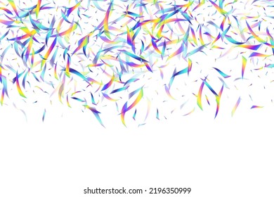 Holographic flying confetti glitters isolated on transparent background. Rainbow iridescent overlay texture confetti. Vector festive foil hologram tinsels on white.