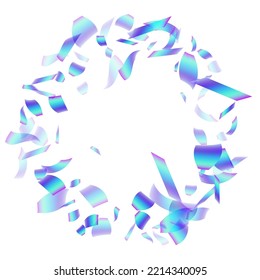 Holographic flying confetti glitters isolated on transparent background. Blue teal purple iridescent overlay texture confetti. Vector festive foil hologram tinsels on white.