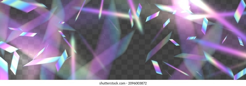 Holographic flying confetti overlay. Rainbow bokeh with light glitch effect on transparent background. Trend vector mesh foil design.