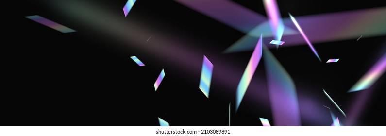Holographic flying confetti overlay. Rainbow bokeh with light glitch effect on transparent background. Trend vector mesh foil design.