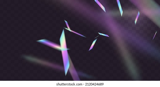 Holographic flying confetti overlay. Rainbow bokeh with light glitch effect on transparent background. Trend vector mesh foil design.