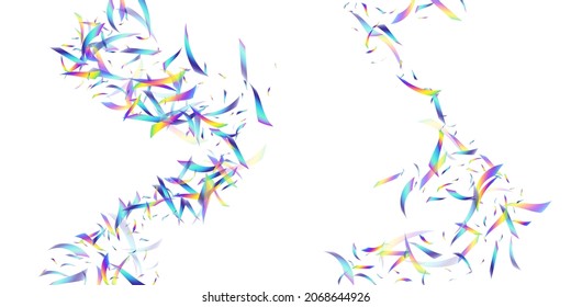 Holographic flying falling confetti glitters isolated on white background. Rainbow iridescent overlay texture confetti. Vector festive foil hologram tinsels on white.