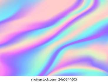 Holographic foil background with ethereal, fluid swirls and iridescent pastel blue, purple and pink colors in dreamlike, abstract hologram pattern. Vector vibrant rainbow undulating streaks and curves